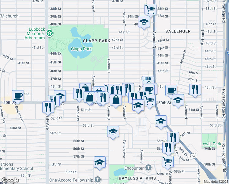 map of restaurants, bars, coffee shops, grocery stores, and more near 2007 48th Street in Lubbock