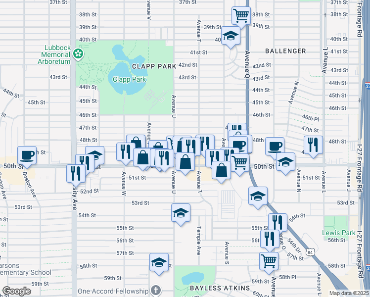 map of restaurants, bars, coffee shops, grocery stores, and more near 2007 48th Street in Lubbock