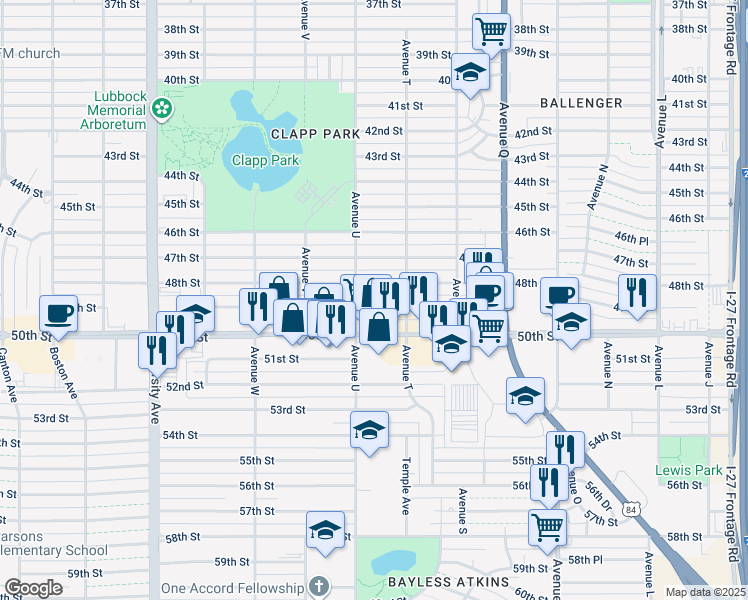 map of restaurants, bars, coffee shops, grocery stores, and more near 2007 48th Street in Lubbock