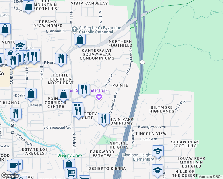 map of restaurants, bars, coffee shops, grocery stores, and more near 1809 East Desert Park Lane in Phoenix