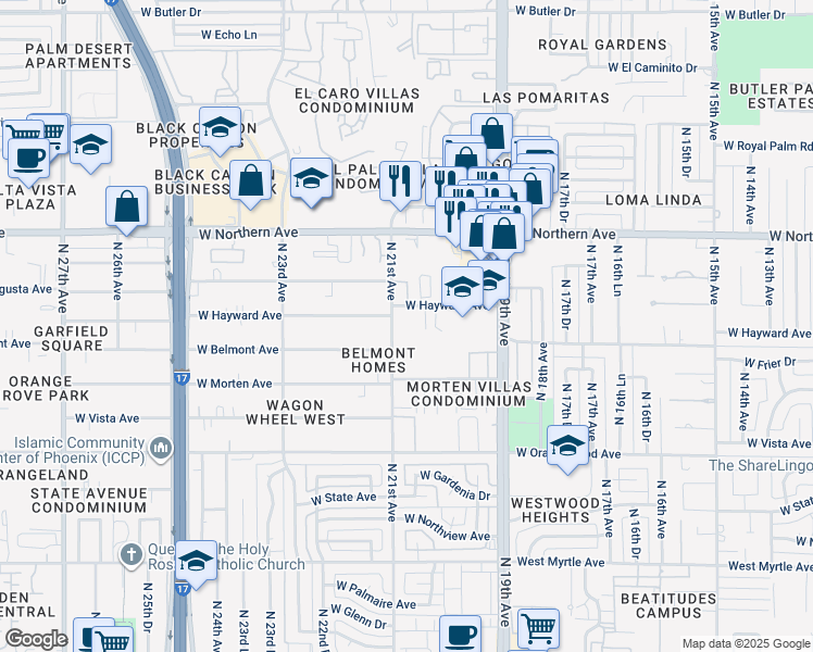 map of restaurants, bars, coffee shops, grocery stores, and more near 2 North 21st Avenue in Phoenix