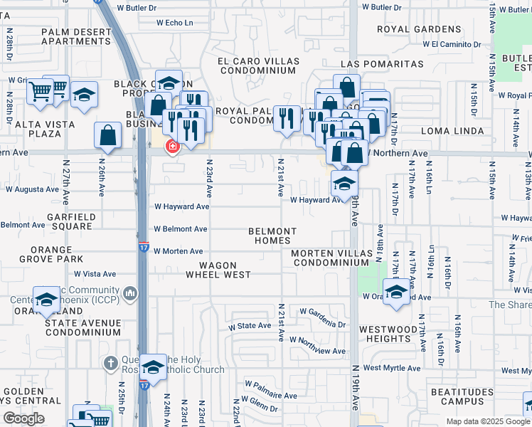 map of restaurants, bars, coffee shops, grocery stores, and more near 2142 West Hayward Avenue in Phoenix