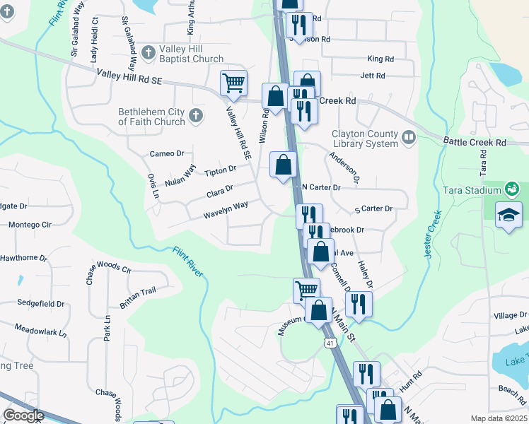 map of restaurants, bars, coffee shops, grocery stores, and more near 600 Valley Hill Road Southeast in Riverdale