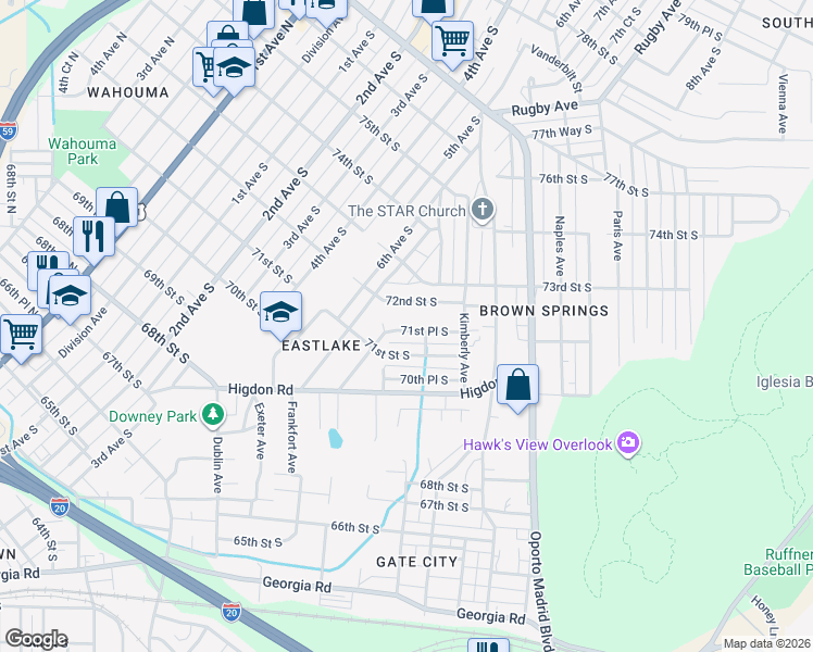 map of restaurants, bars, coffee shops, grocery stores, and more near 632 72nd Street South in Birmingham