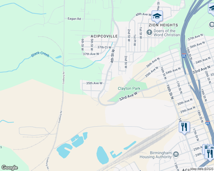 map of restaurants, bars, coffee shops, grocery stores, and more near 340 35th Avenue West in Birmingham