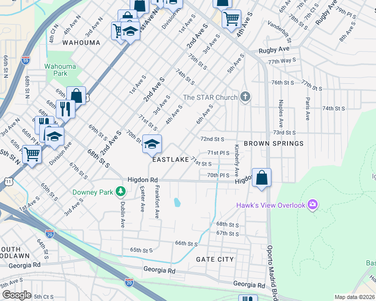 map of restaurants, bars, coffee shops, grocery stores, and more near 601 71st Street South in Birmingham