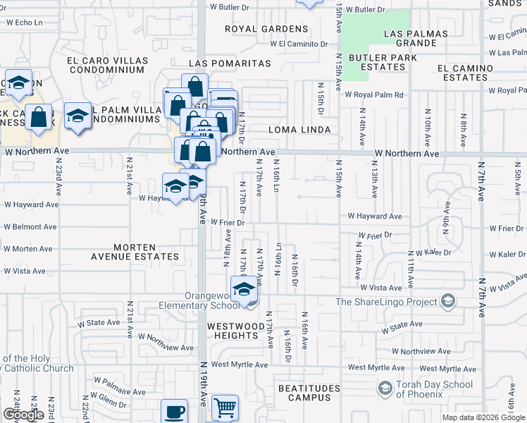 map of restaurants, bars, coffee shops, grocery stores, and more near 7732 North 17th Avenue in Phoenix