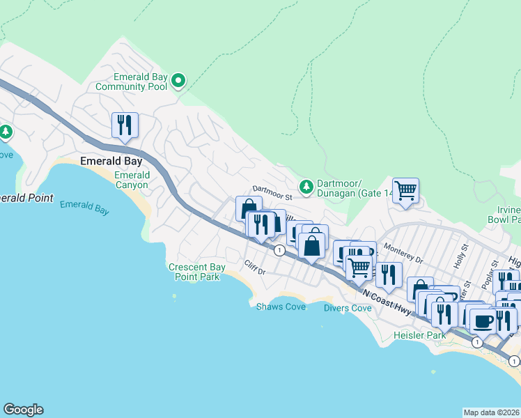 map of restaurants, bars, coffee shops, grocery stores, and more near 330 Cajon Terrace in Laguna Beach