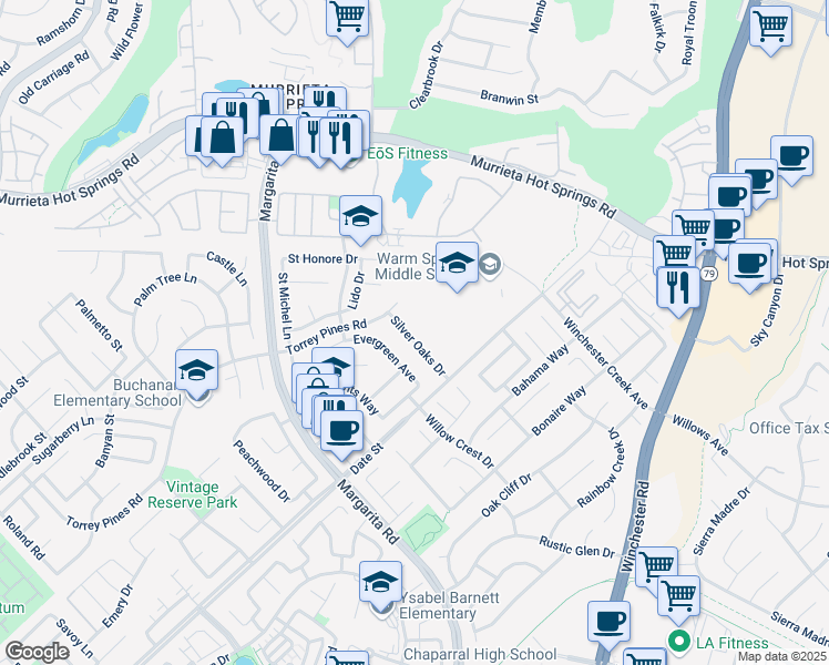 map of restaurants, bars, coffee shops, grocery stores, and more near 26658 Silver Oaks Drive in Murrieta