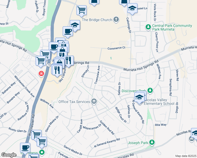 map of restaurants, bars, coffee shops, grocery stores, and more near 39315 Flamingo Bay in Murrieta