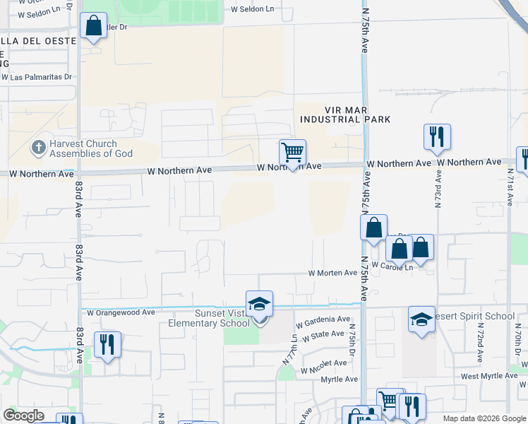 map of restaurants, bars, coffee shops, grocery stores, and more near 7723 N 79th Ave in Glendale