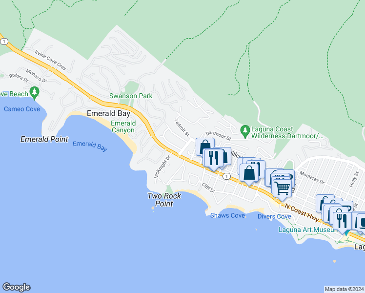 map of restaurants, bars, coffee shops, grocery stores, and more near 228 Ledroit Street in Laguna Beach