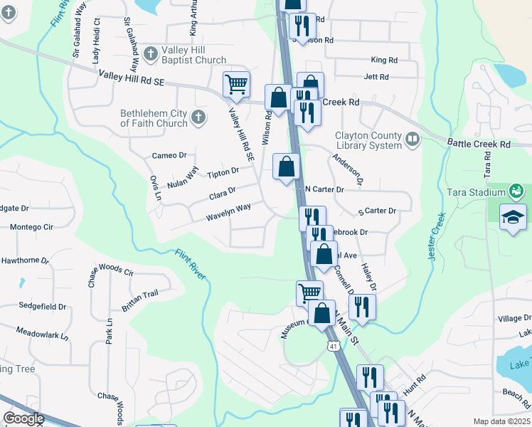 map of restaurants, bars, coffee shops, grocery stores, and more near 600 Valley Hill Road Southeast in Riverdale