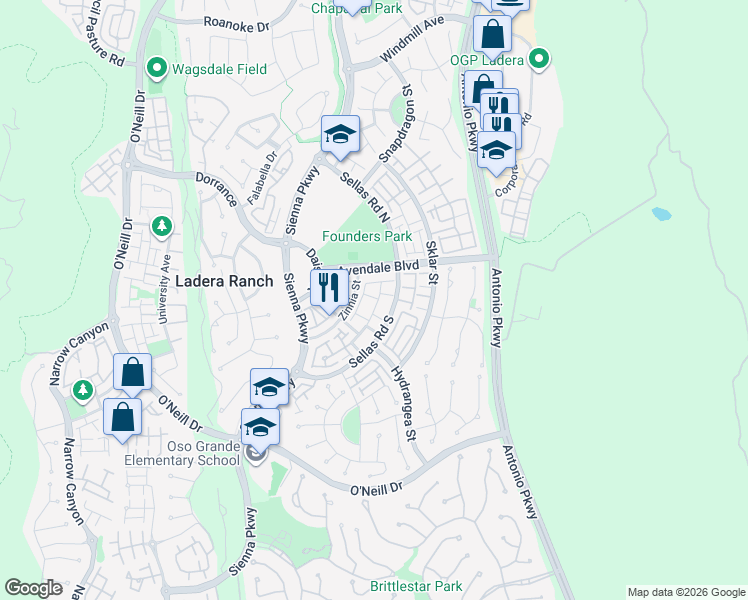 map of restaurants, bars, coffee shops, grocery stores, and more near Strawflower Street in Ladera Ranch