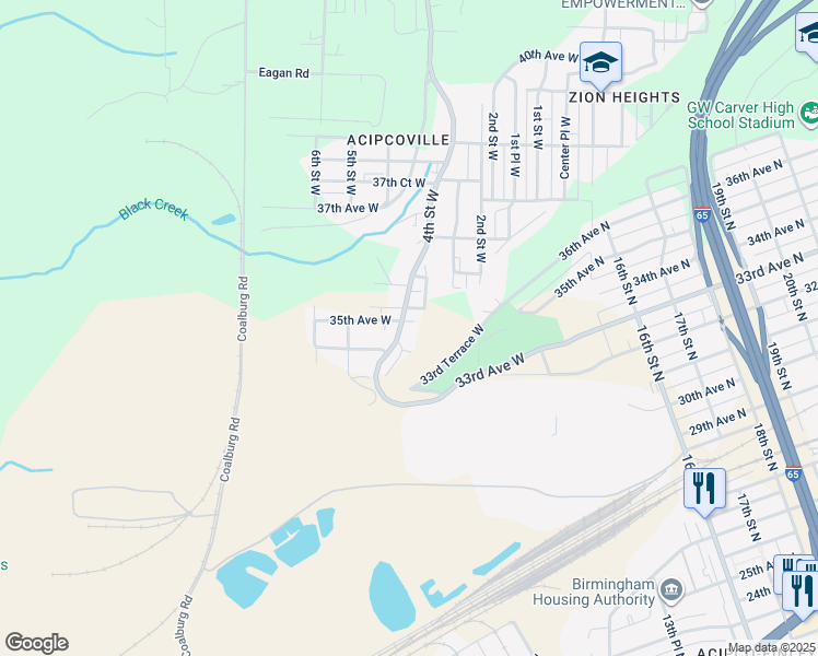 map of restaurants, bars, coffee shops, grocery stores, and more near 340 35th Avenue West in Birmingham