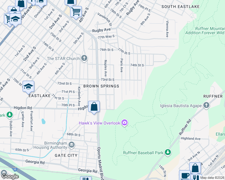 map of restaurants, bars, coffee shops, grocery stores, and more near 7208 Oporto Avenue in Birmingham