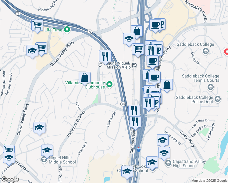 map of restaurants, bars, coffee shops, grocery stores, and more near 28201 Montecito in Laguna Niguel
