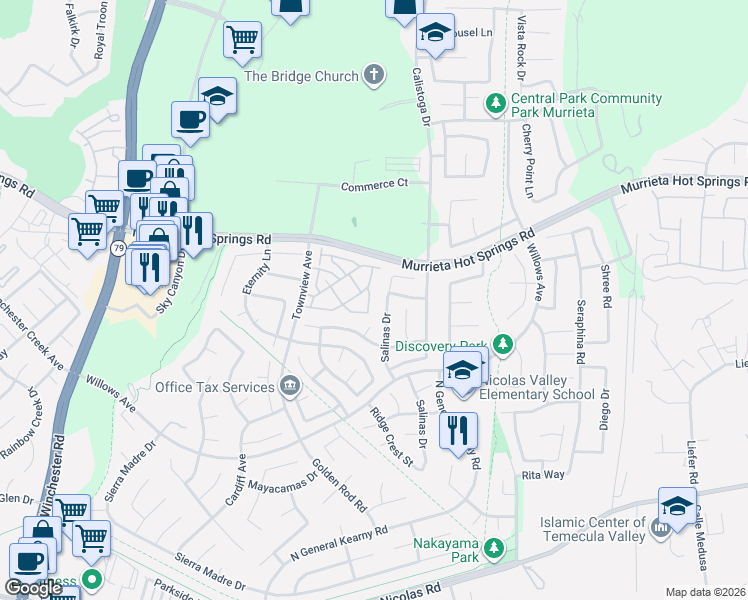 map of restaurants, bars, coffee shops, grocery stores, and more near 39246 Mango Bay in Murrieta