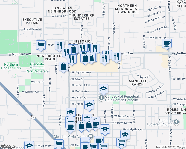 map of restaurants, bars, coffee shops, grocery stores, and more near 7784 North 57th Drive in Glendale