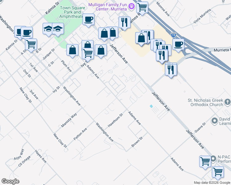 map of restaurants, bars, coffee shops, grocery stores, and more near 25276 Meadow Walk Street in Murrieta