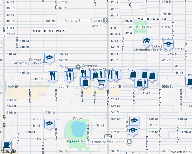 map of restaurants, bars, coffee shops, grocery stores, and more near 4419 48th Street in Lubbock
