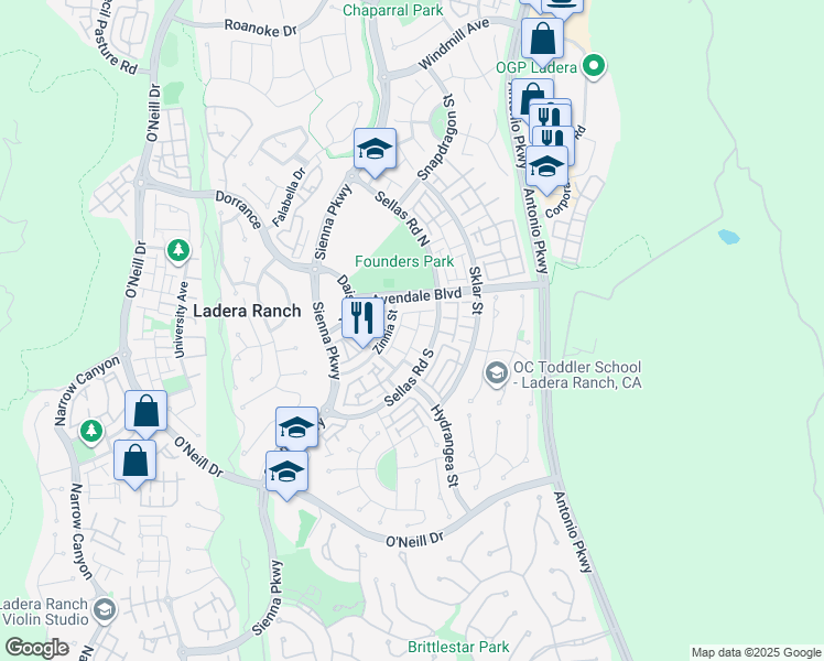 map of restaurants, bars, coffee shops, grocery stores, and more near 15 Gazania Way in Ladera Ranch