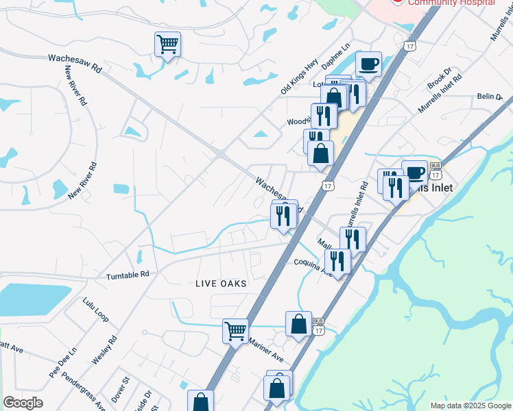 map of restaurants, bars, coffee shops, grocery stores, and more near 4626 Lomax Court in Murrells Inlet