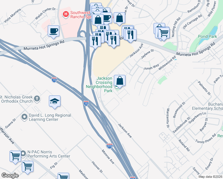 map of restaurants, bars, coffee shops, grocery stores, and more near 47049 Cartier Street in Murrieta