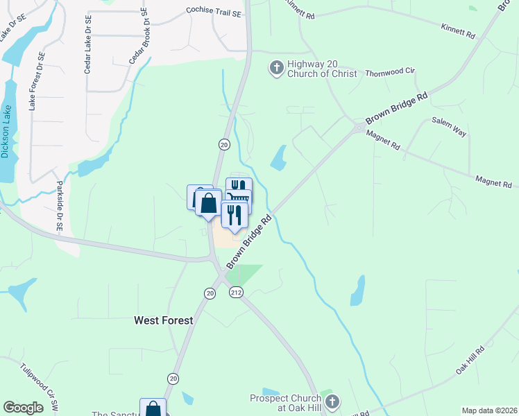 map of restaurants, bars, coffee shops, grocery stores, and more near 14894 Brown Bridge Road in Covington