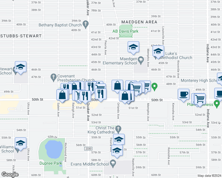 map of restaurants, bars, coffee shops, grocery stores, and more near 4208 49th Street in Lubbock