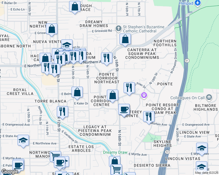 map of restaurants, bars, coffee shops, grocery stores, and more near 7720 North 16th Street in Phoenix