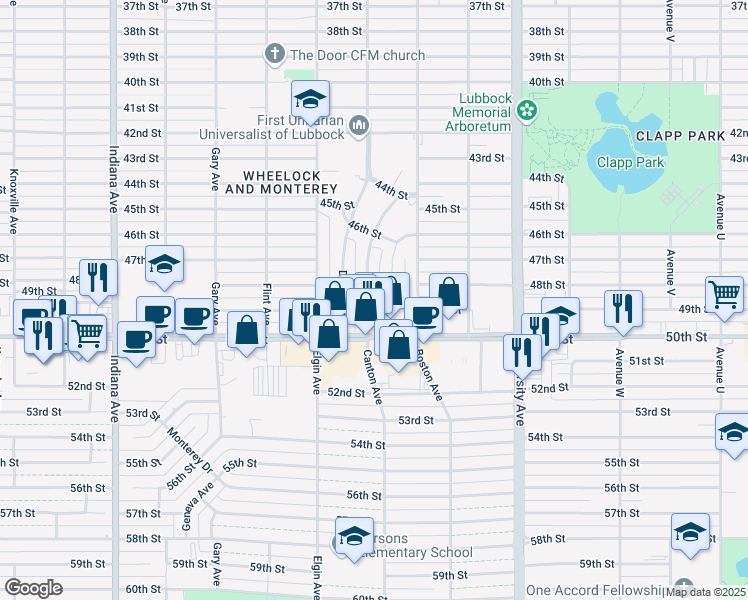map of restaurants, bars, coffee shops, grocery stores, and more near 4624 Canton Avenue in Lubbock