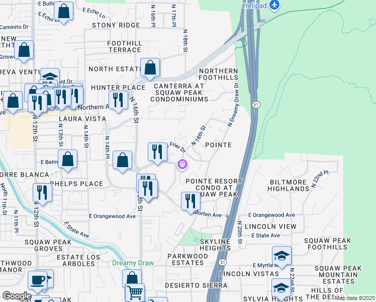 map of restaurants, bars, coffee shops, grocery stores, and more near 1750 East Frier Drive in Phoenix