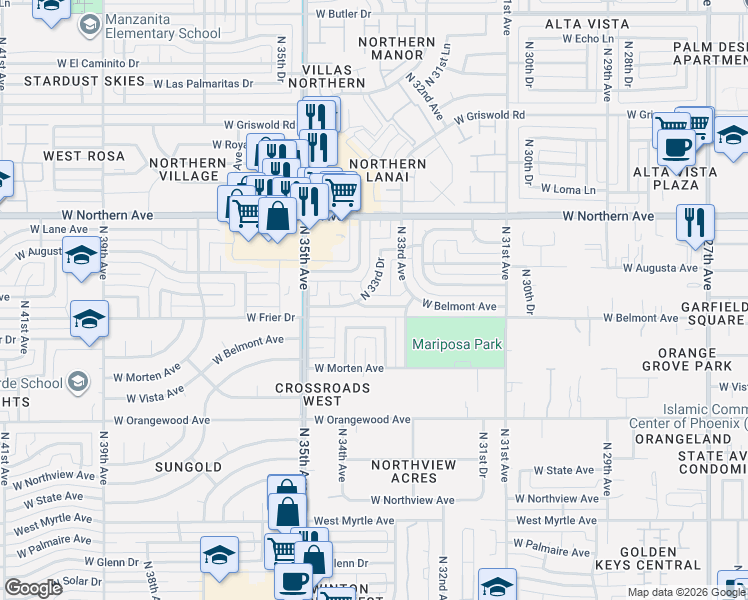 map of restaurants, bars, coffee shops, grocery stores, and more near 7739 North 33rd Drive in Phoenix