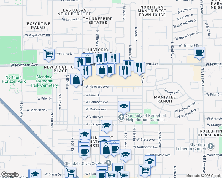map of restaurants, bars, coffee shops, grocery stores, and more near 7784 North 57th Drive in Glendale