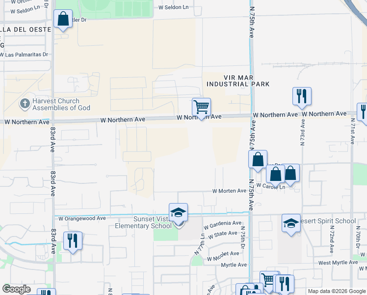 map of restaurants, bars, coffee shops, grocery stores, and more near 7723 N 79th Ave in Glendale
