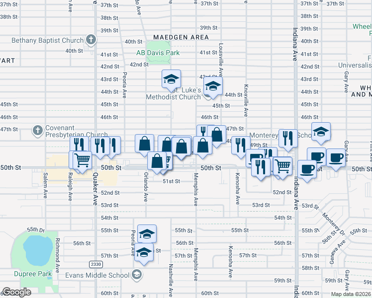 map of restaurants, bars, coffee shops, grocery stores, and more near 3808 49th Street in Lubbock