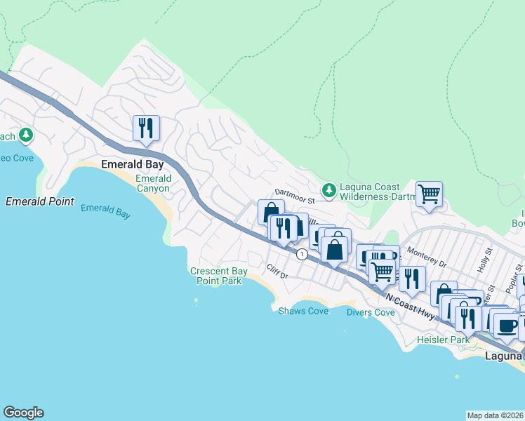 map of restaurants, bars, coffee shops, grocery stores, and more near 285 San Joaquin Street in Laguna Beach