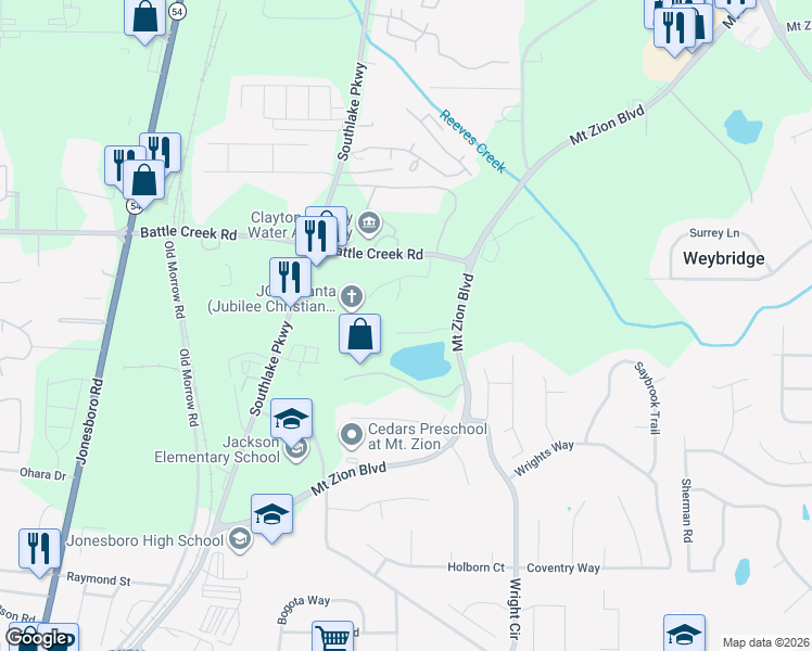 map of restaurants, bars, coffee shops, grocery stores, and more near 7493 Mount Zion Boulevard in Jonesboro