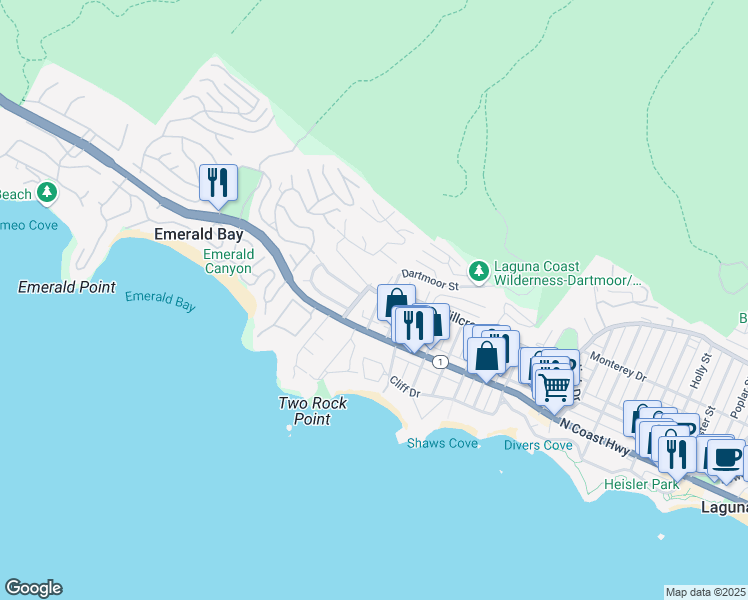 map of restaurants, bars, coffee shops, grocery stores, and more near 264 San Joaquin Street in Laguna Beach