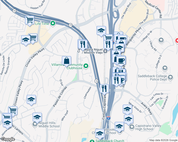 map of restaurants, bars, coffee shops, grocery stores, and more near 25961 Montemar in Laguna Niguel