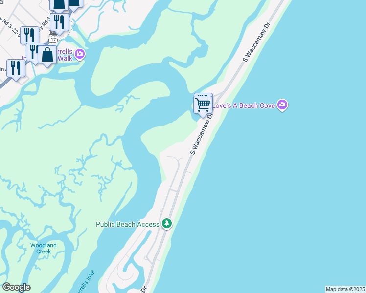 map of restaurants, bars, coffee shops, grocery stores, and more near 1582 South Waccamaw Drive in Murrells Inlet