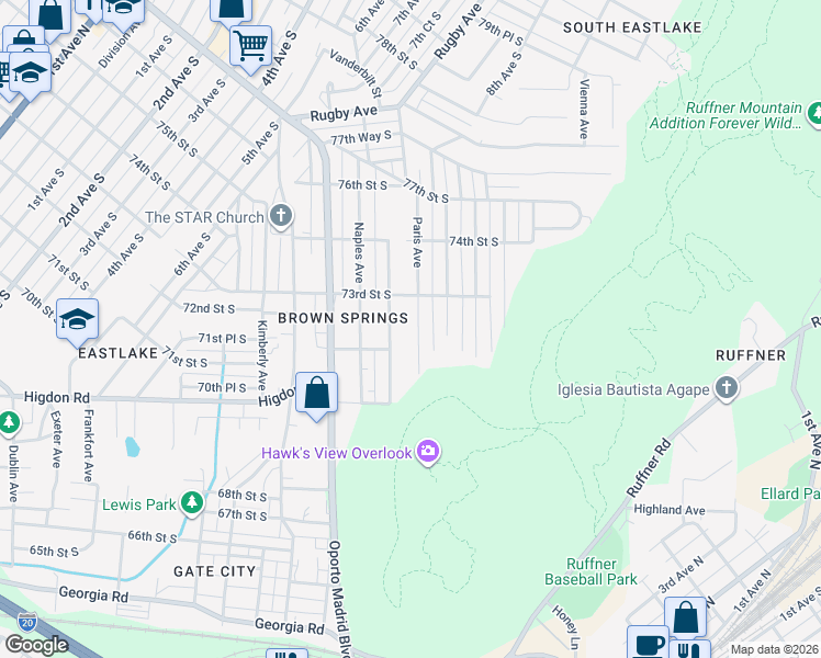map of restaurants, bars, coffee shops, grocery stores, and more near 7225 Oporto Avenue in Birmingham