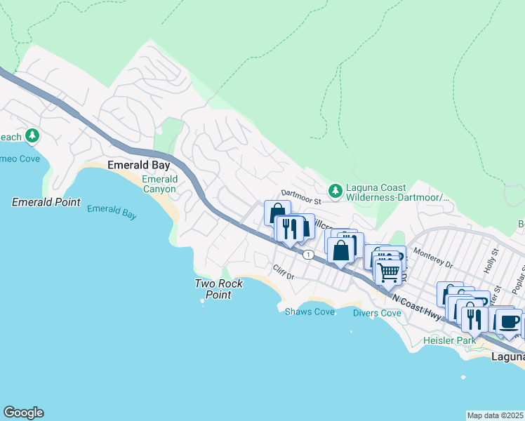 map of restaurants, bars, coffee shops, grocery stores, and more near 264 San Joaquin Street in Laguna Beach