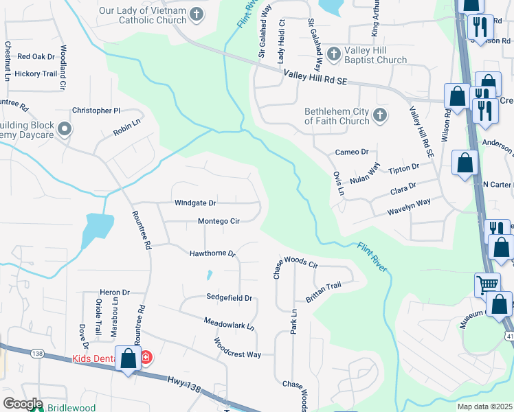 map of restaurants, bars, coffee shops, grocery stores, and more near 196 Montego Circle in Riverdale