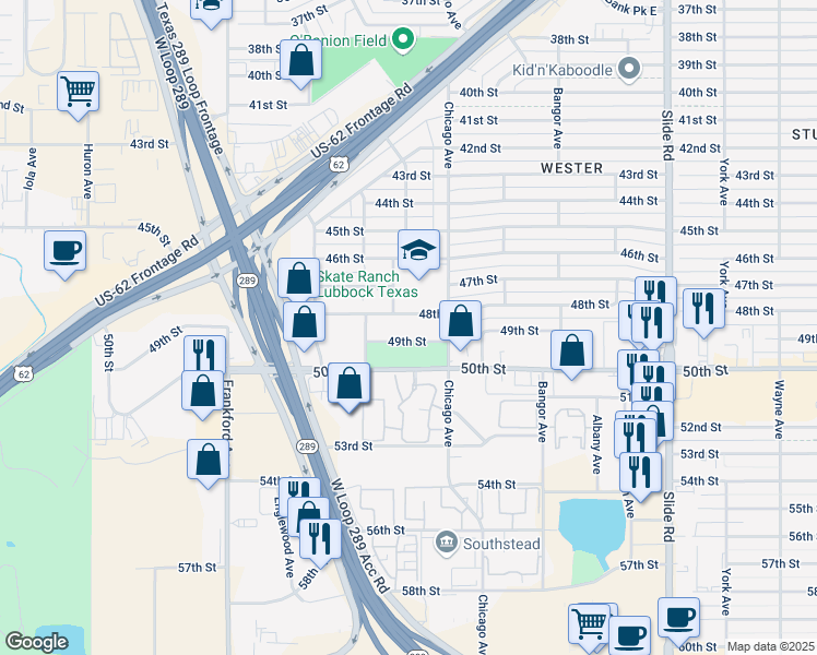 map of restaurants, bars, coffee shops, grocery stores, and more near 5501 48th Street in Lubbock