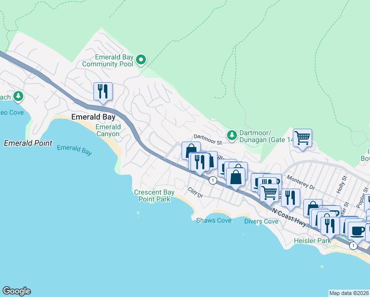 map of restaurants, bars, coffee shops, grocery stores, and more near 289 San Joaquin Street in Laguna Beach