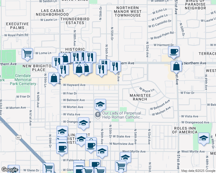 map of restaurants, bars, coffee shops, grocery stores, and more near 7784 North 56th Avenue in Glendale