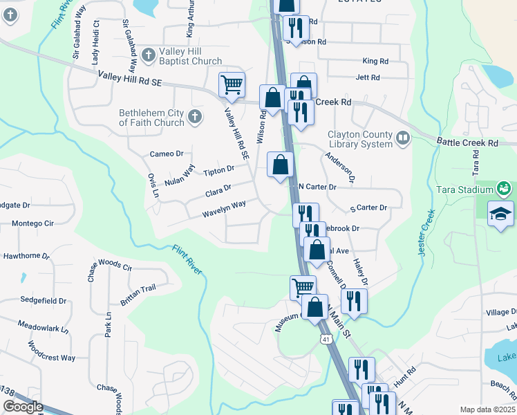 map of restaurants, bars, coffee shops, grocery stores, and more near 596 Valley Hill Road Southeast in Riverdale
