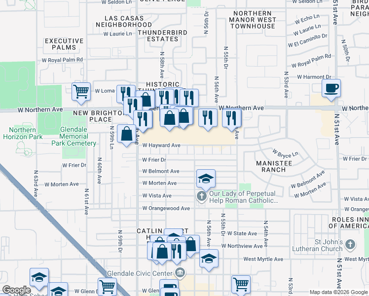 map of restaurants, bars, coffee shops, grocery stores, and more near 7784 North 57th Drive in Glendale